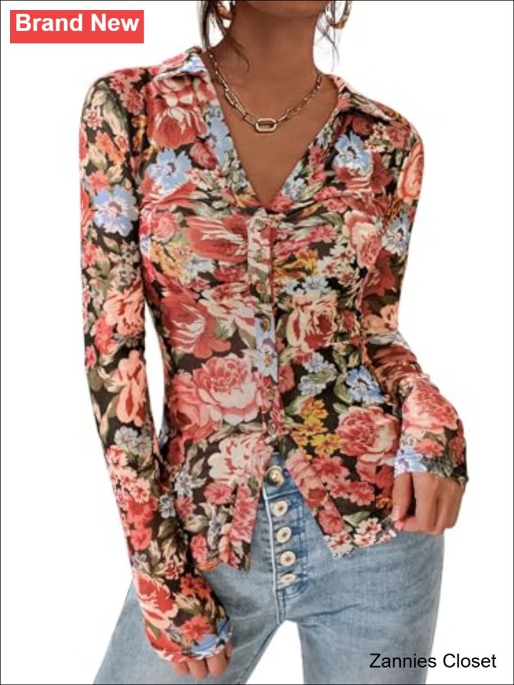 ✨PRETTYGARDEN Women's Button Down Mesh Floral Blouse V-Neck Going Out Top